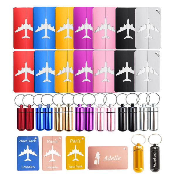 28 Packs Metal Luggage Tags Baggage Labels and Mini Vials Medication Box Pill Case for Travel